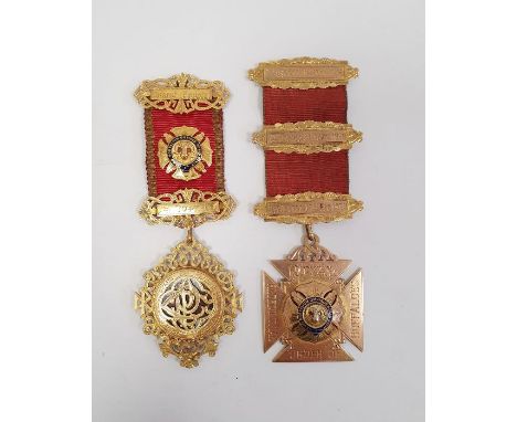 Masonic interest - two 9ct gold and enamel masonic medals, variously mounted with 9ct gold badges, gross weight 54g (2) Condi