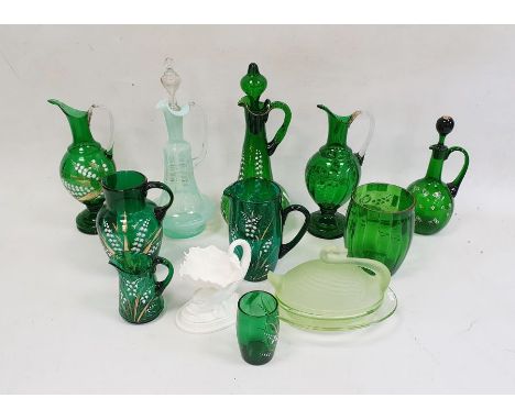 Collection of green tinted and enamelled glassware and other items, late 19th/early 20th century and later, the green glasswa