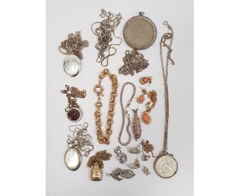 Silver oval pendant and chain link necklace, quantity silver and other necklaces and bracelets, ERII commemorative crown set 