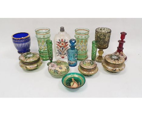 Collection of Bohemian enamelled glassware, predominantly mid to late 19th century, including a pair of green tinted enamelle