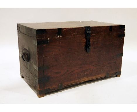 Vintage teak and bound trunk with drop ring handles, 68cm x 40cm 