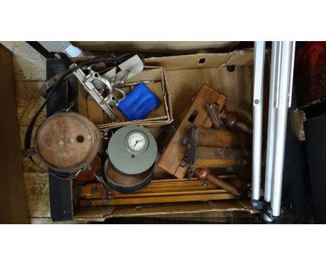 Box including 1920's Calculagraph, assorted wooden tools including tripod and assorted cutting devices and adjustable plough 