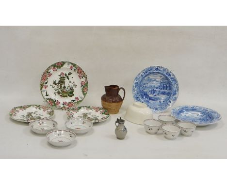 Collection of pottery and porcelain, circa 1780 and later, including four New Hall-style tea bowls and saucers painted with b