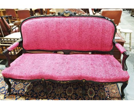 French Louis XVI style Canape sofa with black painted frame finished in fuschia pink velvet upholstery