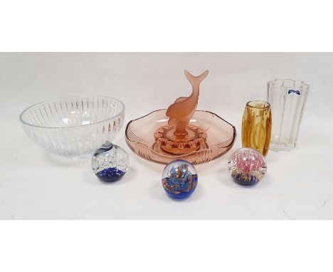 Collection of coloured glassware and paperweights, including a mid century amber Lens vase by Rudolph Schrotter for Rosice Sk