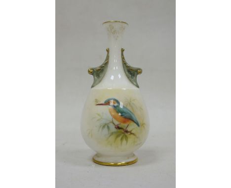 Royal Worcester two-handled small oviform vase, 20th century, printed black marks, painted with a kingfisher by P Platt, belo