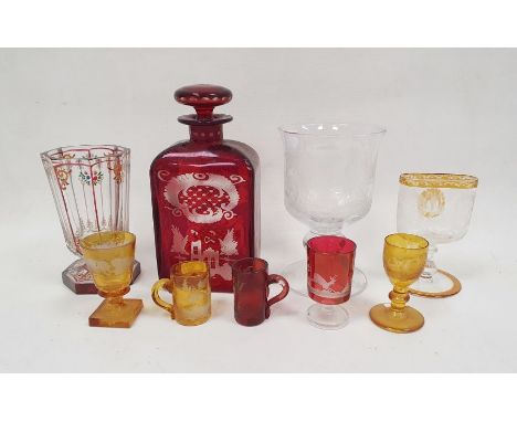 Collection of Bohemian coloured enamelled and engraved glassware, including a ruby flashed and engraved rectangular section s