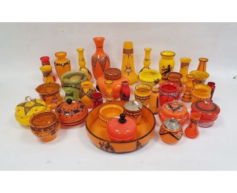 Collection of Czechoslovakian and Bohemian tango glass and other coloured glassware in yellow, orange, red and green, various