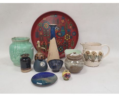 A Winchcombe Studio pottery jug (damaged), a miniature modern Moorcroft vase, a Sue Dyer pottery vase, a wooden tray, togethe