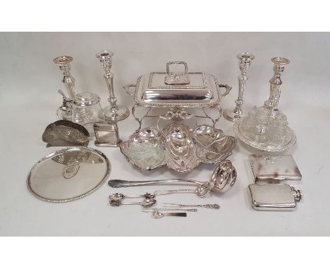 Electroplated wares to include candlesticks, cruet set, tray, etc and a WMF silver-plated and glass tankard with inscription 