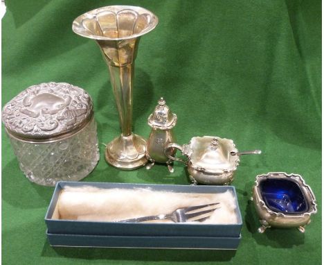 Silver cruet set, a weighted silver stem vase, a silver lidded glass dressing table pot and a pickle fork