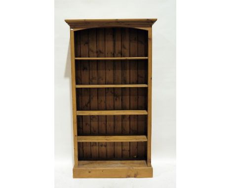 Modern pine open bookcase with moulded cornice, open shelves, on plinth base, 100cm x 183cmCondition Report32 cm max depth. 2