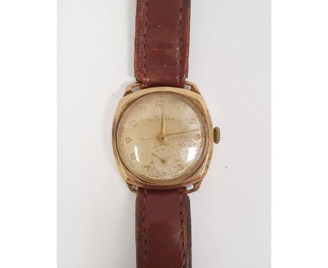 Gentleman's 9ct gold vintage Rotary wristwatch, the circular dial with Arabic numerals and in rounded square case, having lea