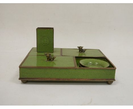 Vintage Chinese enamel smokers companion set to include lidded compartments with Dog of Fo finials, four small green dishes, 