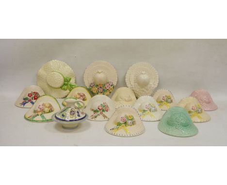 Large collection of Soho Pottery Solian Ware hat wall pockets, circa 1930 and later, printed marks, each wide-brimmed hat mou