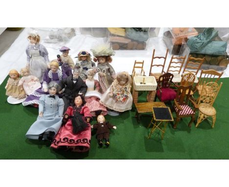 Assorted dolls house furniture to include chairs and various dolls house dolls in vintage costume, and lighting (1 tray) 
