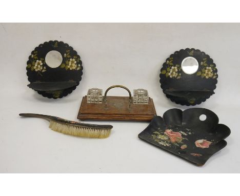 Lacquered papiermache crumb tray and brush, a pair of Victorian ebonised wall-mounted mirrors with folding shelf and painted 