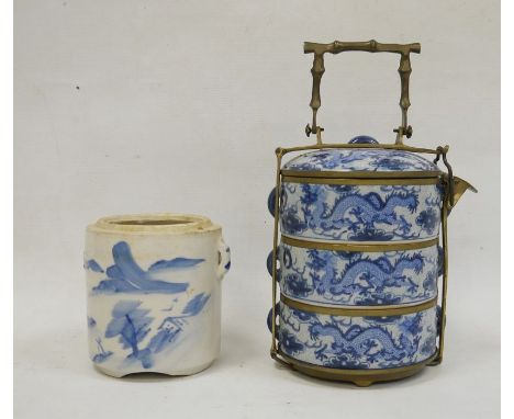 Brass mounted Chinese picnic box set and a ceramic two handled cylindrical vase, 20th century,&nbsp;the picnic set comprising