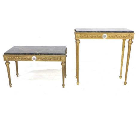 Two modern French style tables, with rectangular marble surfaces, carved gilt style frames set with ceramic plaques, one a co