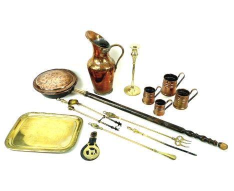 A collection of copper and brass items, comprising a modern fire screen, 130 by 2.5 by 82.5cm high, a set of four graduated t