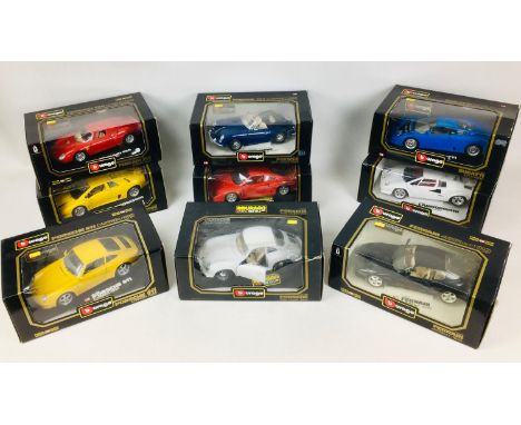 Nine Burago die-cast 1:18 scale cars, comprising a 1991 Bugatti EB 110  in blue, a 1987 Ferrari F40 in red, a 1965 Ferrari 25