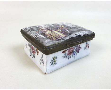 A small 19th century enamel trinket box, hand painted decoration,  its lid with a gentleman playing a lute to a lady, with fl