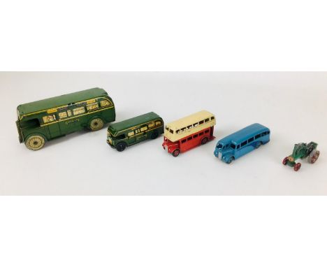 Two Wells tin plate Green Line buses, the largest bus with key, smaller version without, together with two Dinky Toys die-cas