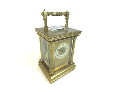 A Victorian gilt brass carriage clock, with very faint remains of signature below dial, but likely '....London', silvered pre