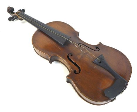 A 19th century violin, full size 4/4, well carved scroll, two piece back, outlined throughout with tramline purfling, ebonise