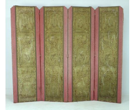 A 19th century three fold room screen, later covered in fabric panels and tapestry sections, 202 by 3 by 176cm high. 