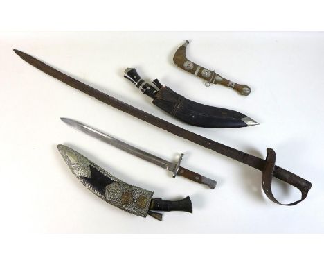 An 18th century style cutlass, with basket hilt, blade 87cm, overall 100cm, a/f, together with four other bladed weapons, com