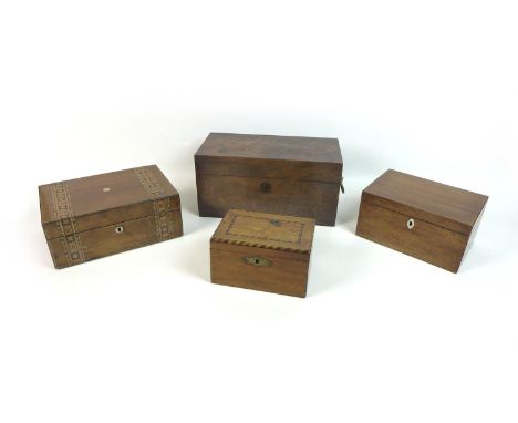 A group of four wooden boxes, comprising a Tunbridge Ware trinket box, with internal tray, 25 by 17 by 10.3cm high, a 19th ce