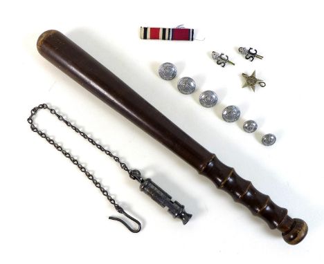 A WWII Special Constables truncheon, 39cm, a Metropolitan Police whistle on chain, numbered 028584, six buttons, two Special 