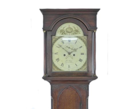 An early 19th century oak long case clock, by Jas Large, Wymondham, the painted arch dial with subsidiary seconds dial and da