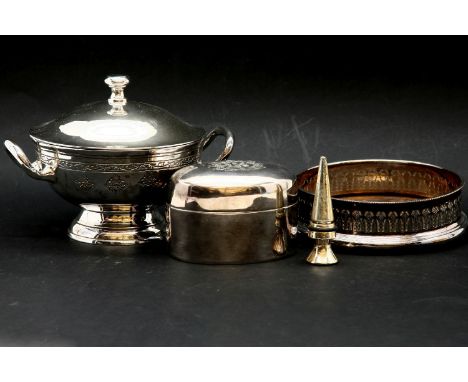 A pair of Georgian style silver plated three light candelabra, 34cm high, together with a hammered silver plated punch bowl, 