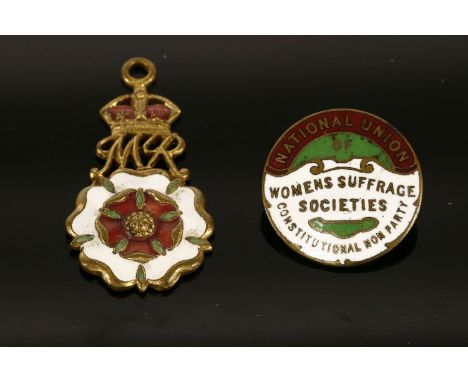 Two enamel badges: the first a Suffrage badge 'National Union of Women's Suffrage Societies Constitutional non party' the oth