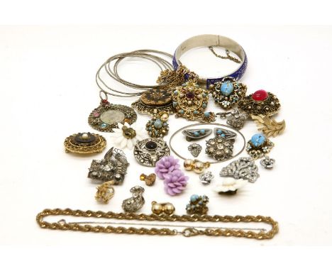 A collection of costume jewellery, to include a pair of white metal simulated turquoise clip on earrings, a gilt metal filigr