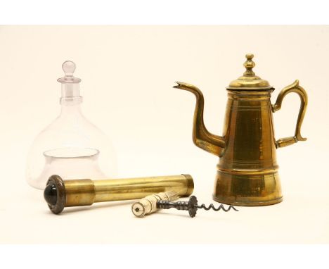 An antique brass coffee pot, 22cm high, together with a 19th century steel and bone handled corkscrew, a brass kaleidoscope, 