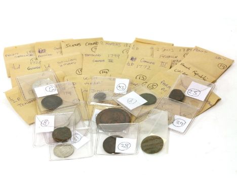 Coins and tokens, World, a collection of coins and tokens to include an Elizabeth I Shilling, a 1797 Twopence, an 1806 Penny,