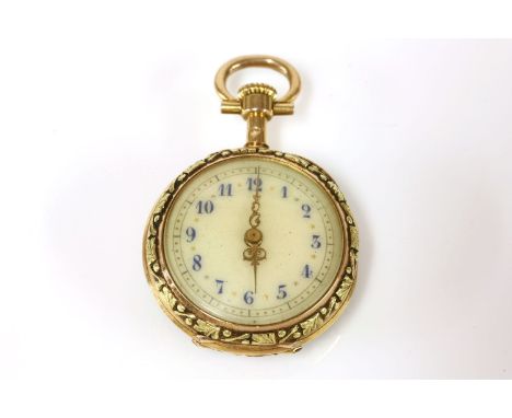 A Continental gold ladies miniature fob watch, cream dial with Arabic numerals and a diamond and blue enamel chequer board to