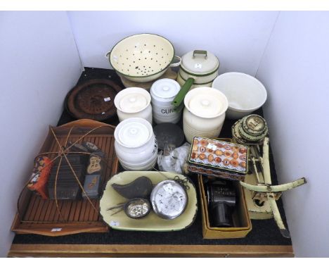 A quantity of vintage kitchenalia, to include various enamel wares, biscuit cutters, storage jars