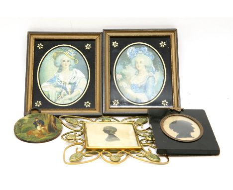 A pair of miniature female portrait studies, 11cm x 8cm high, together with two silhouettes and a miniature study of a huntsm