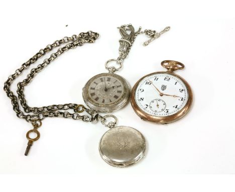 Three pocket watches, comprising of a Continental silver fob watch with Roman numerals and applied T-bar and tassel, 54.13g, 