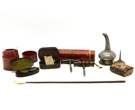 A tortoiseshell stamp box, together with a miniature book 'Common Nates' 1802, a papier mache patch box, two wine funnels, tw