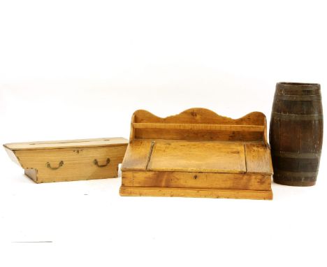 A Victorian stripped pine corn chandler's desk, a punt locker and a barrel stick stand (3)