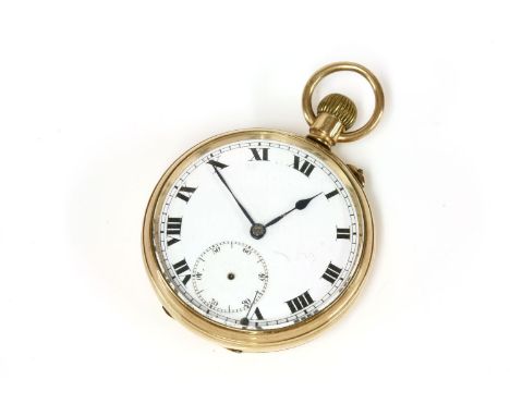 A 9ct gold open faced pocket watch, with white enamel dial and Arabic numerals (second hand loose), Chester 1931, 70g