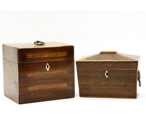 A George III mahogany and satinwood apothecary's box, inlaid with the names of various medicines, together with a George III 