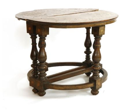 A pair of 18th century and later Dutch walnut and inlaid demi-lune console tables, the parquetry inlaid tops on baluster supp