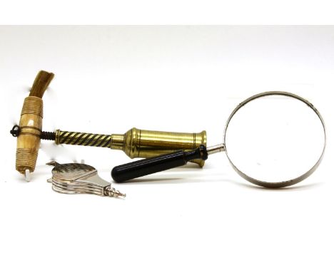 A 19th century brass and ivory double helix corkscrew, with brush, 20cm long, together with a silver plated snuff box, in the