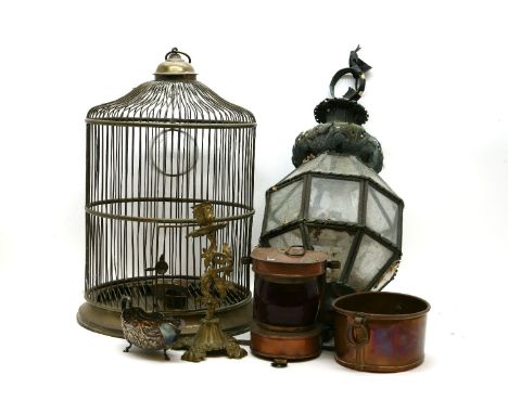 A hall lantern, bird cage and various metal wares